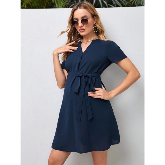 Maternity Notched v Neck Belted Dress navy blue - Picture 5 of 5